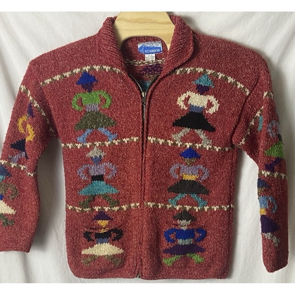 Handknit Ecuador Sweaters - Vtg Ecuador Handknit Sweater L Red Tweed Wool Zip Front Cardigan Dancing Women